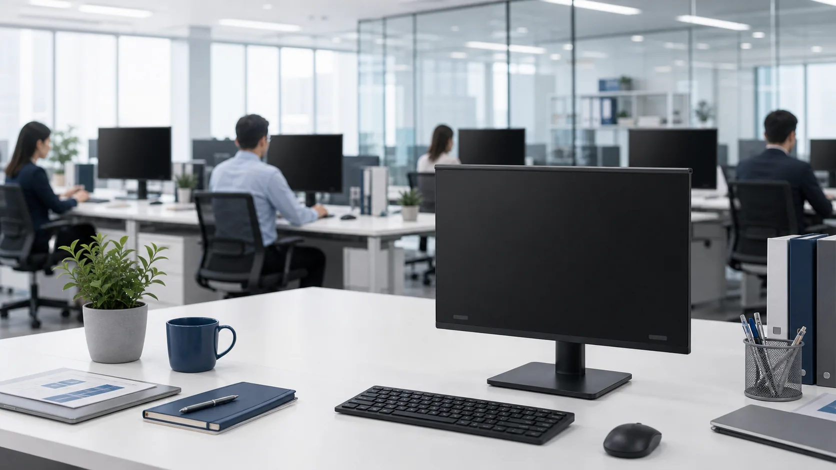 AEGIVIXE privacy screens installed in a modern office workspace